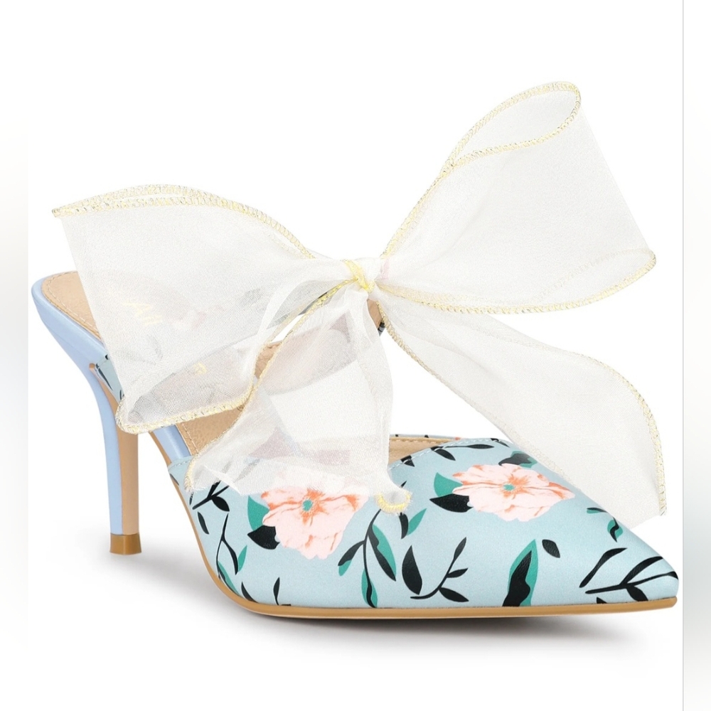 Allegra K | Pointed Toe Lace Bow Floral Printed Stiletto Heels | Mules | Size 10
